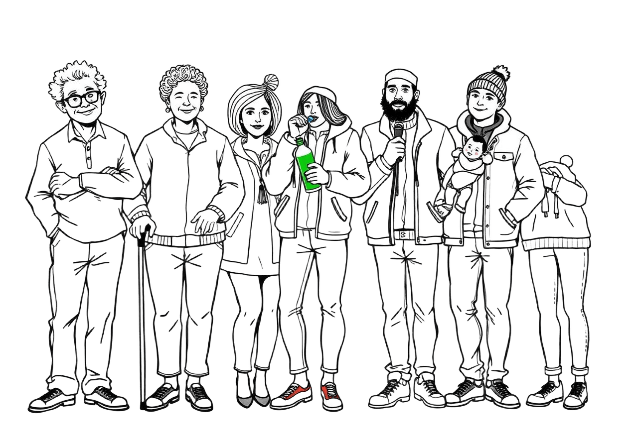 A family of six standing together